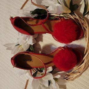 Red Qupid strap up platform slippers